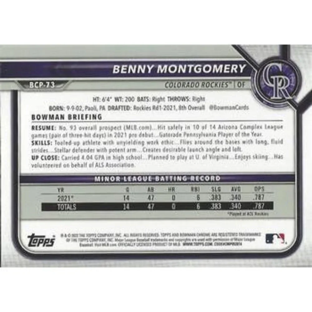 2022 Topps Bowman Chrome Prospects Mojo Refractor Benny Montgomery BCP-73